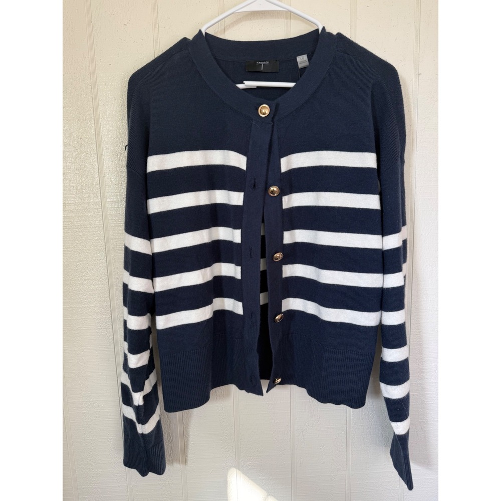 Tahari Navy White Striped Button Front Cardigan Sweater Gold Buttons NWT Large